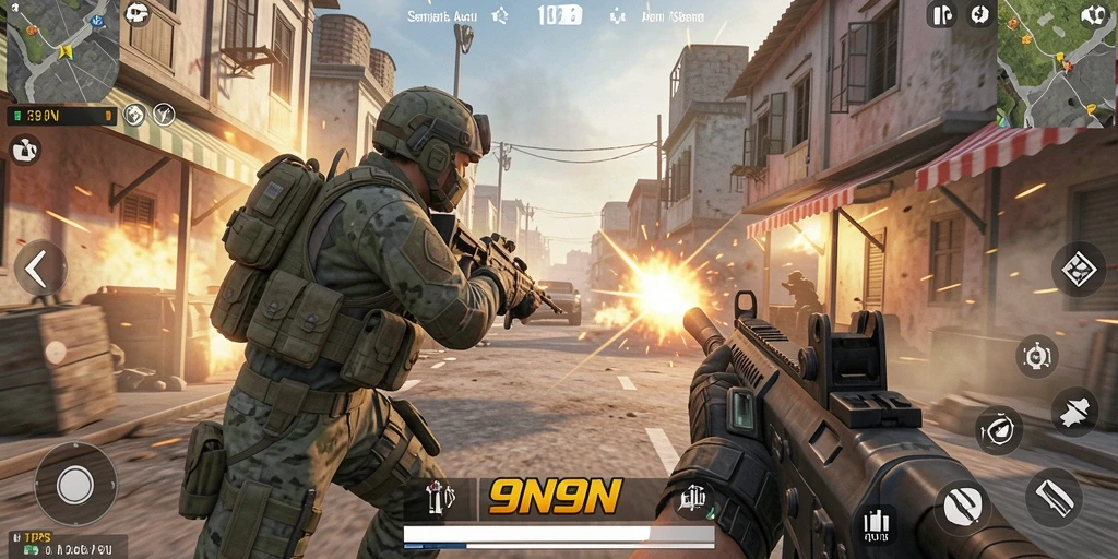 Gameplay seru di 9N9N menunjukkan aksi tembak-menembak yang intens.