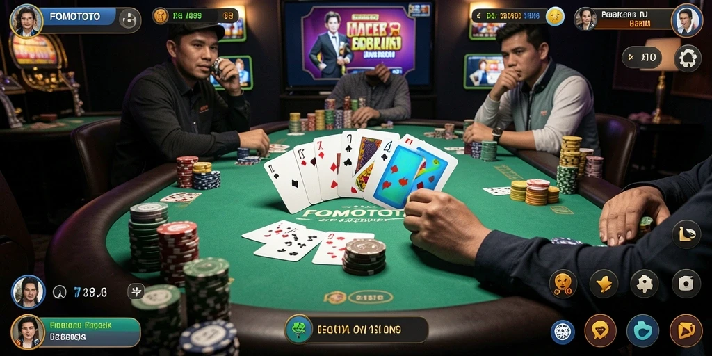 Gameplay FOMOTOTO dengan pemain poker sedang berkompetisi.
