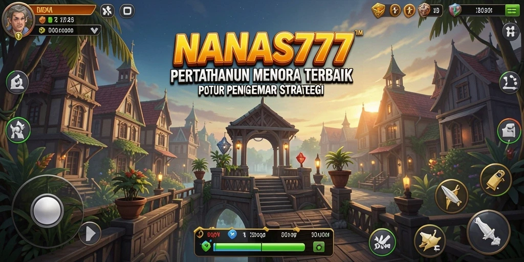 Screenshot NANAS777 menampilkan aksi menara bertahan melawan gelombang musuh.