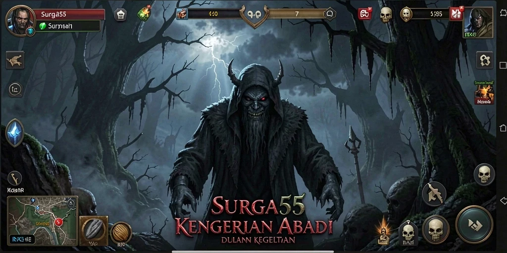 Tampilan gameplay SURGA55 menampilkan suasana horor yang mencekam.